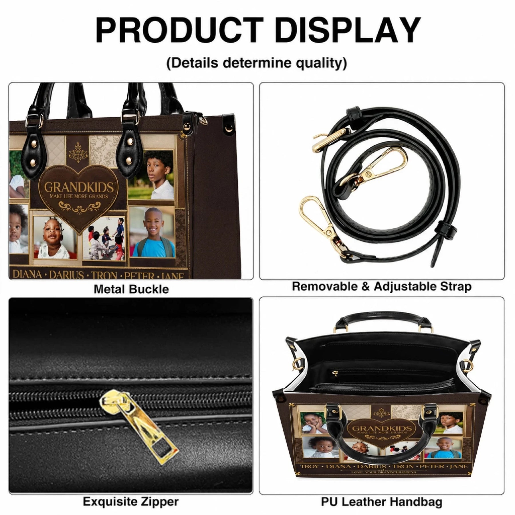 Custom photo collage handbag for grandma featuring grandkids names and photos with a brown heart design for birthdays.