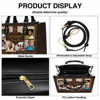 Custom photo collage handbag for grandma featuring grandkids names and photos with a brown heart design for birthdays.