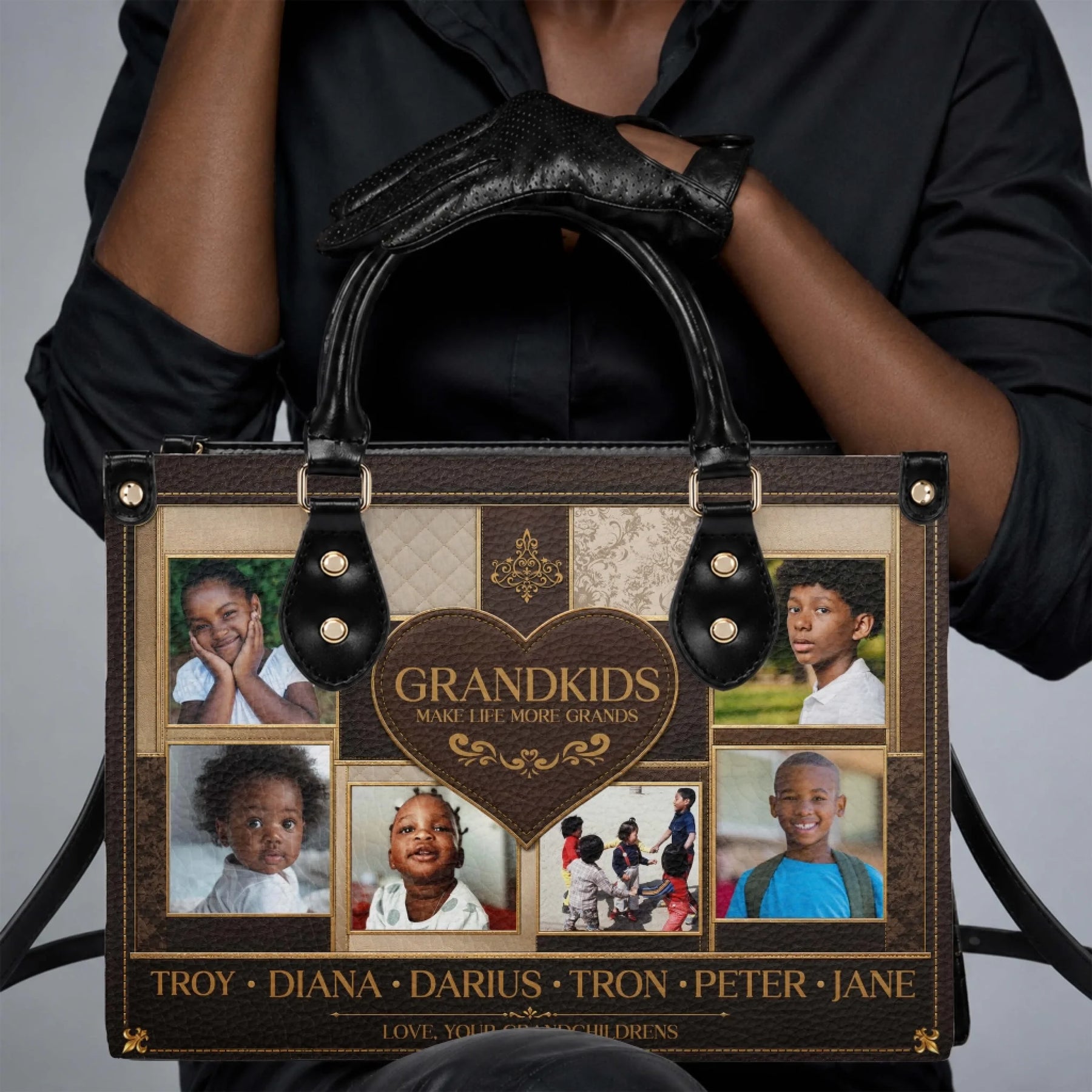 Personalized tote bag featuring five custom grandkids photos, a heart design, and names for a thoughtful grandmother gift.