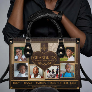Personalized tote bag featuring five custom grandkids photos, a heart design, and names for a thoughtful grandmother gift.