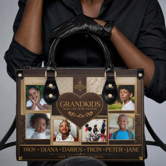 Personalized tote bag featuring five custom grandkids photos, a heart design, and names for a thoughtful grandmother gift.