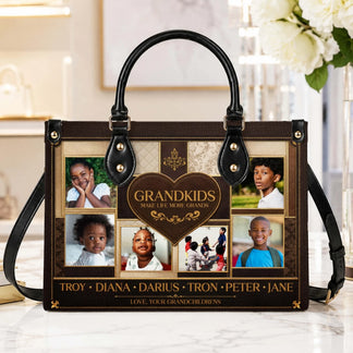 Personalized brown leather look tote bag with grandkids photos and custom names, perfect as a family memorial gift.