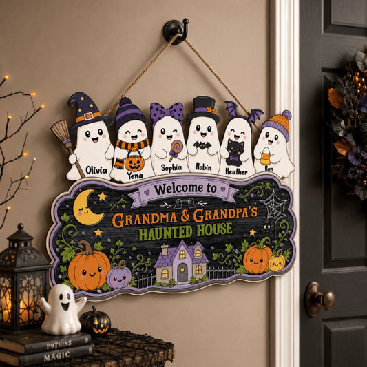 Personalized Halloween wooden sign featuring six cute ghost characters with custom names for Grandma and Grandpa's home.