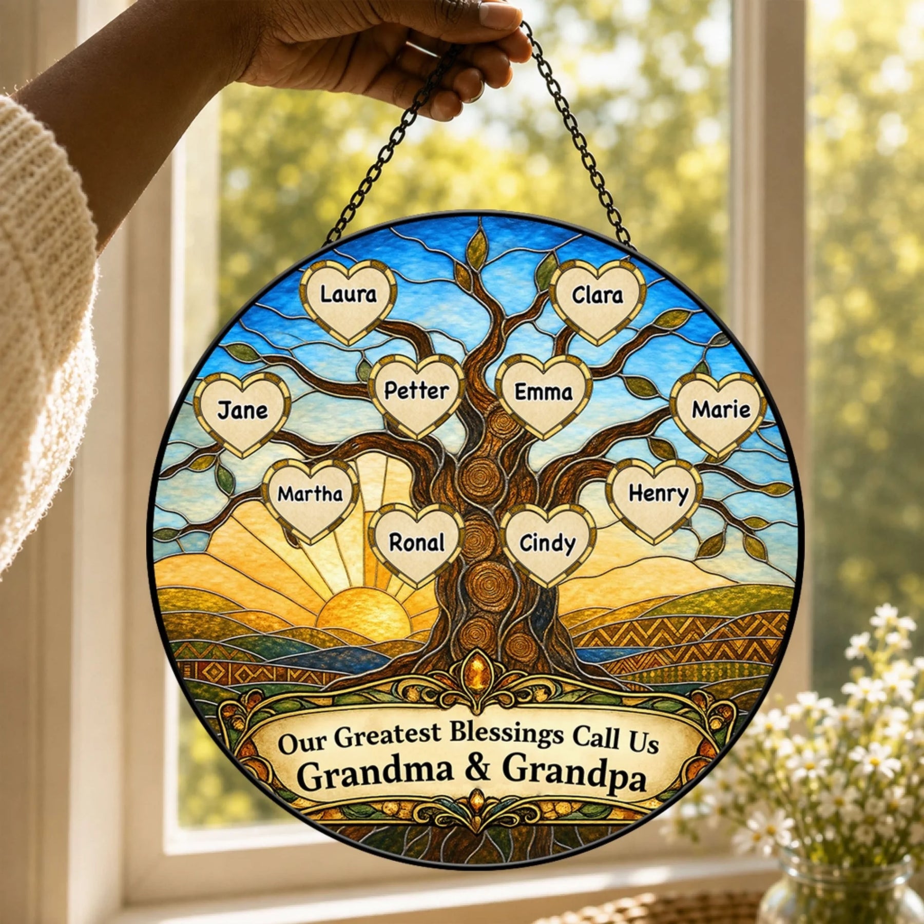 Round stained glass suncatcher featuring a family tree with customizable names for grandma and grandpa family gifts.