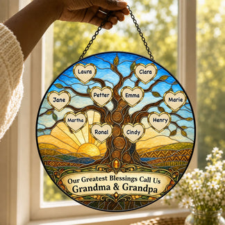 Round stained glass suncatcher featuring a family tree with customizable names for grandma and grandpa family gifts.