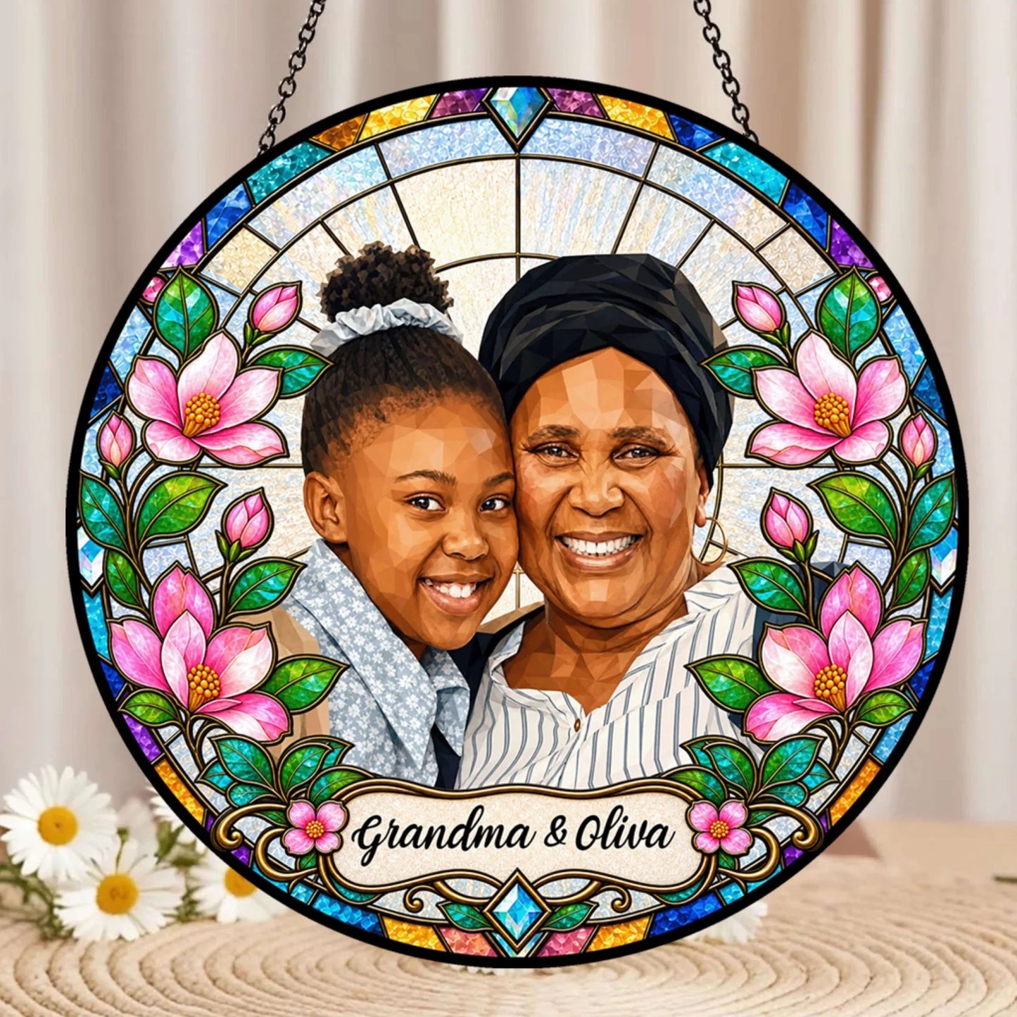Personalized round stained glass suncatcher with a photo of a grandmother and girl, decorated with pink flowers for grandma gift.