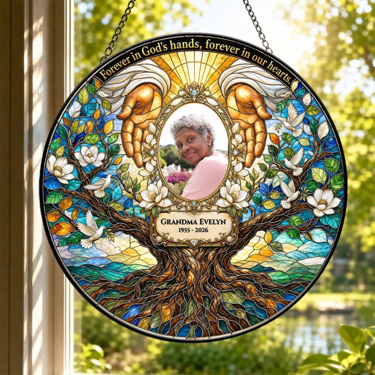 Personalized tree of life stained glass memorial suncatcher with a custom photo and dates for Grandma Evelyn.