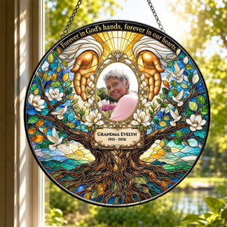 Personalized tree of life stained glass memorial suncatcher with a custom photo and dates for Grandma Evelyn.
