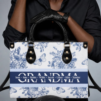 Custom floral print grandma tote bag featuring butterflies and the names of grandchildren for a thoughtful Mother Day gift