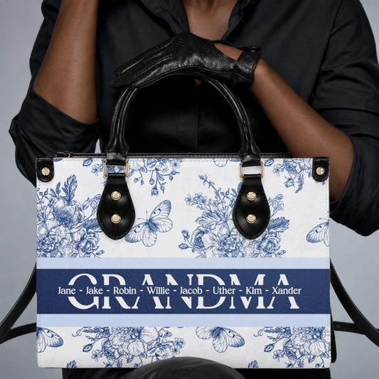 Custom floral print grandma tote bag featuring butterflies and the names of grandchildren for a thoughtful Mother Day gift