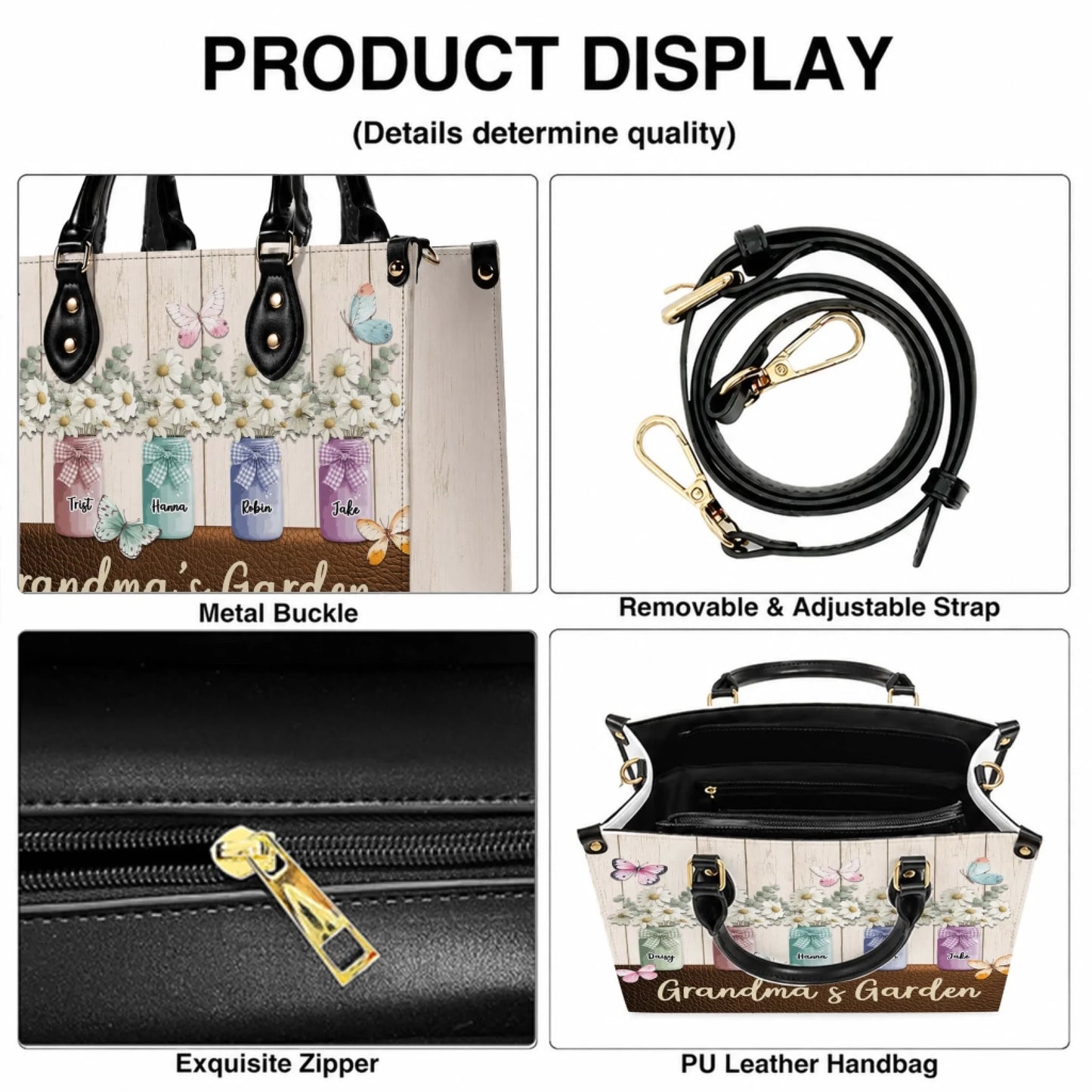 Product display showing features of the personalized grandma garden bag including metal buckles and adjustable strap.