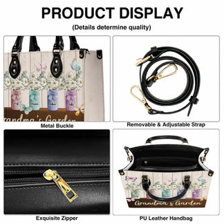 Product display showing features of the personalized grandma garden bag including metal buckles and adjustable strap.