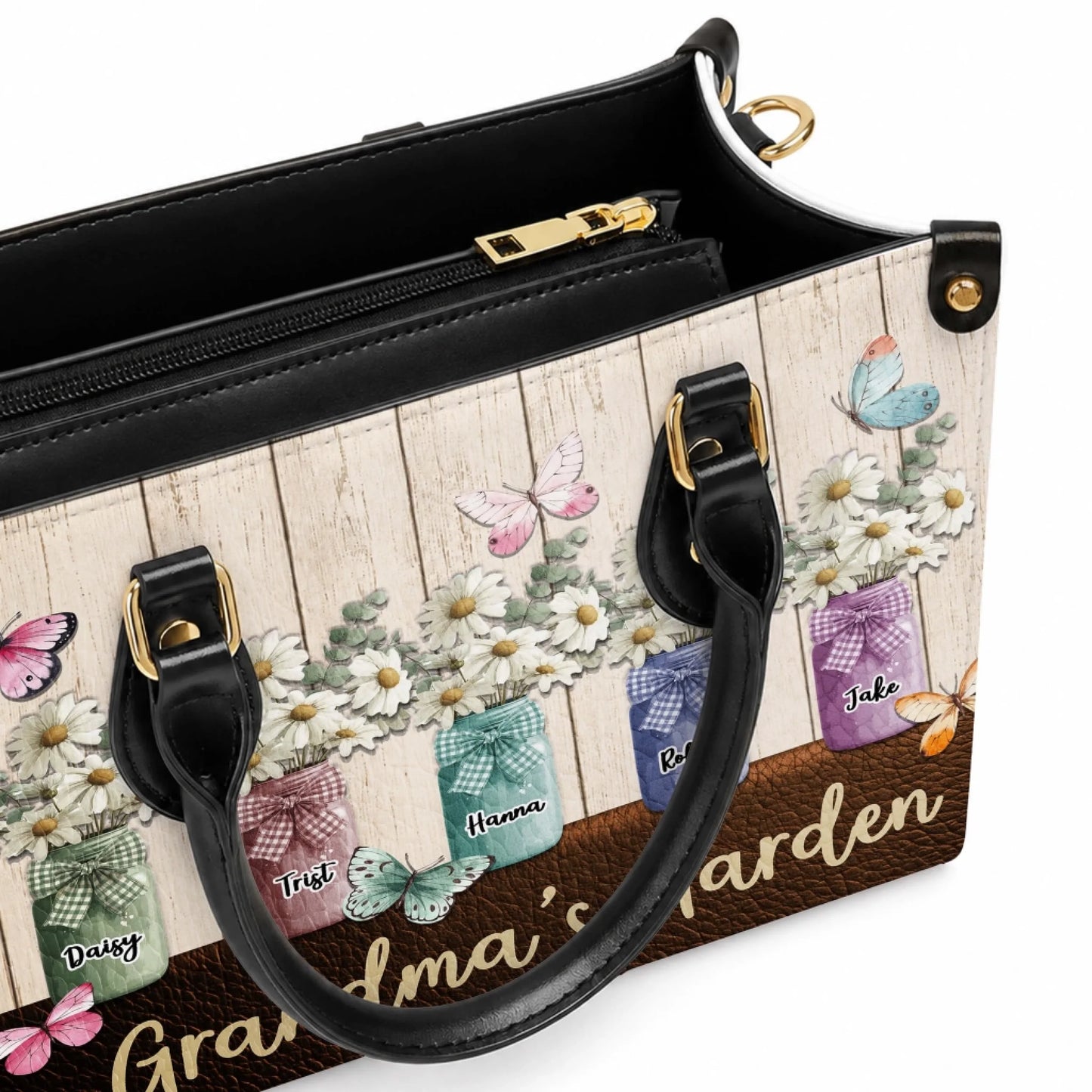 Close up view of the custom grandma garden purse interior and gold zipper detail showing high quality craftsmanship.