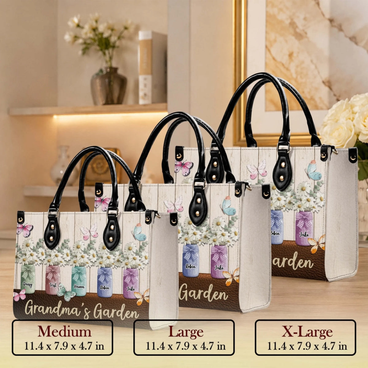 Three sizes of personalized Grandma Garden leather handbags showing medium large and extra large dimensions for gifts.