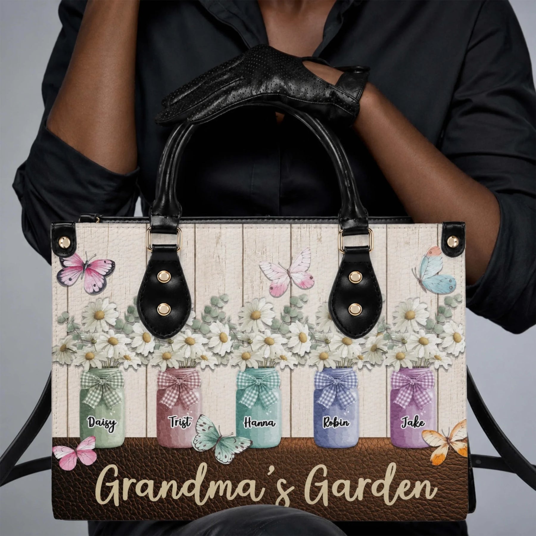 Custom grandma garden handbag featuring personalized mason jar flower pots and butterflies for a heartfelt mother gift.