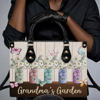 Custom grandma garden handbag featuring personalized mason jar flower pots and butterflies for a heartfelt mother gift.