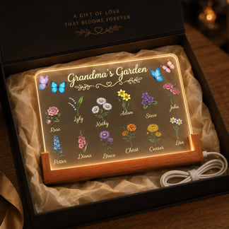 Custom Grandma's Garden LED night light featuring personalized flower illustrations and names for a thoughtful gift.