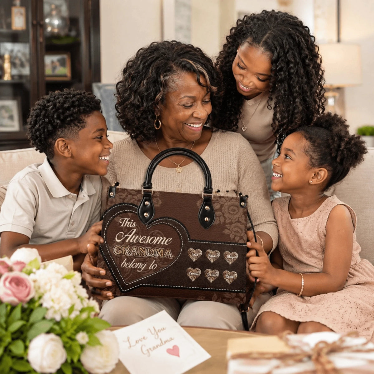 Grandmother receiving a personalized floral leather handbag with grandchildren names as a special family birthday gift.