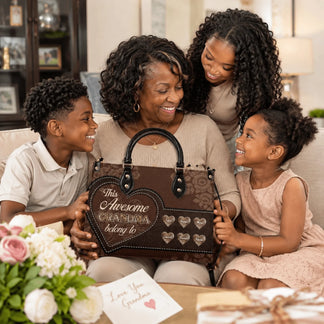 Grandmother receiving a personalized floral leather handbag with grandchildren names as a special family birthday gift.