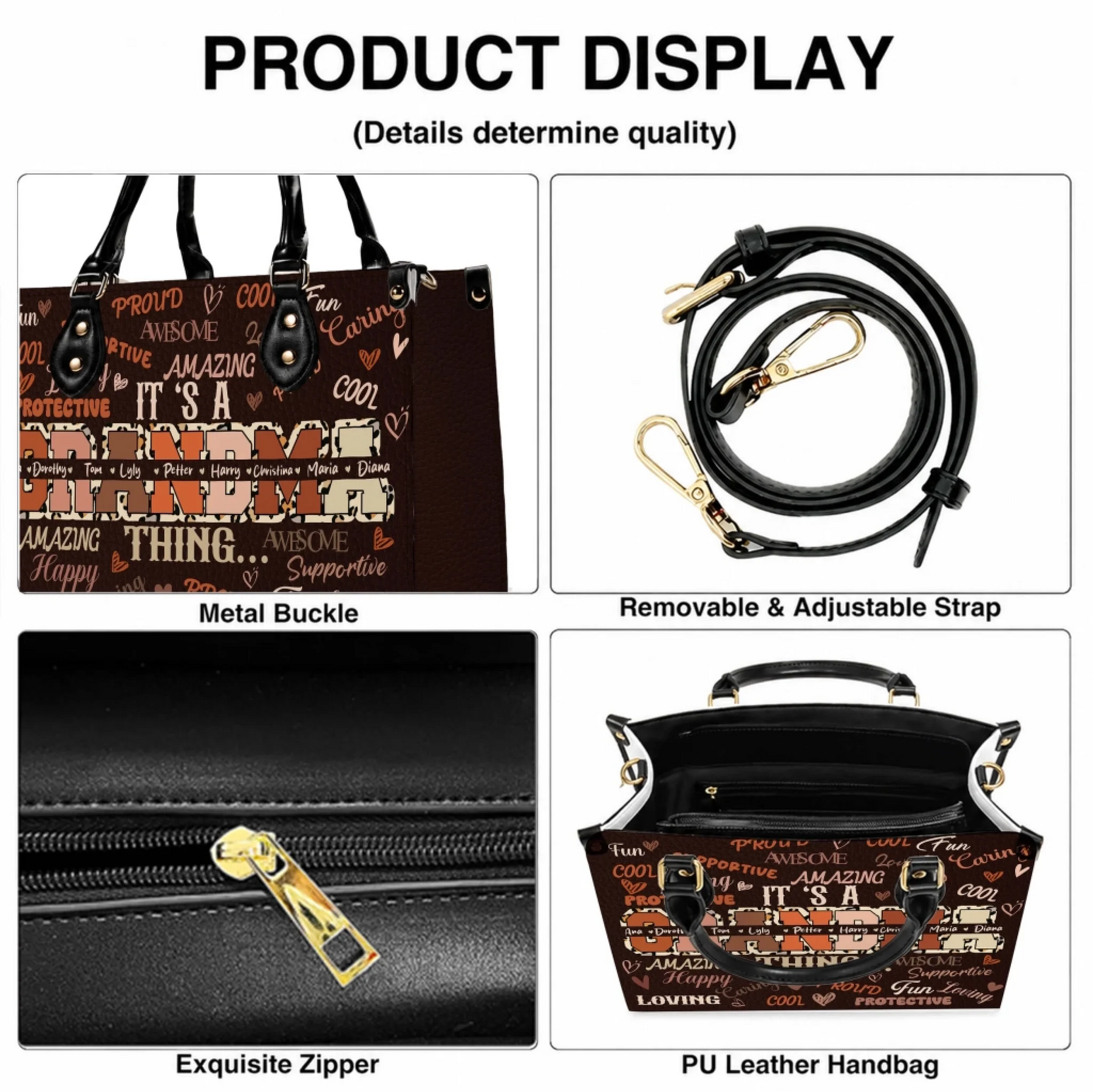 Detailed views of a custom Grandma handbag showing the zipper, metal buckle, and adjustable removable leather strap.