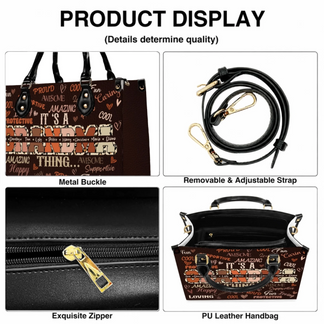 Detailed views of a custom Grandma handbag showing the zipper, metal buckle, and adjustable removable leather strap.