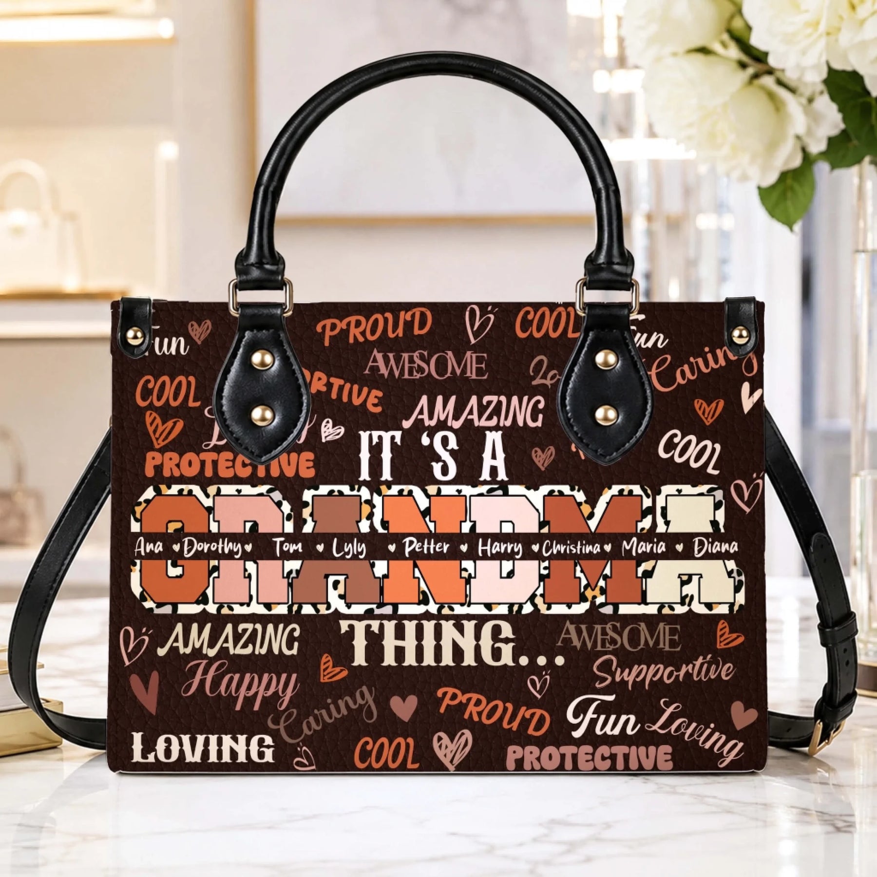 Personalized leopard print handbag with Grandma typography and custom family names, perfect gift for Mother's Day.