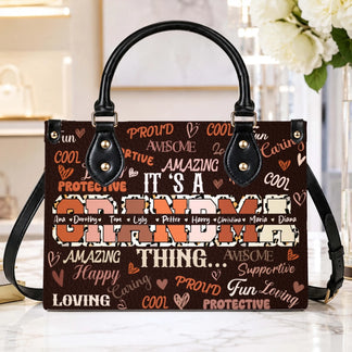 Personalized leopard print handbag with Grandma typography and custom family names, perfect gift for Mother's Day.