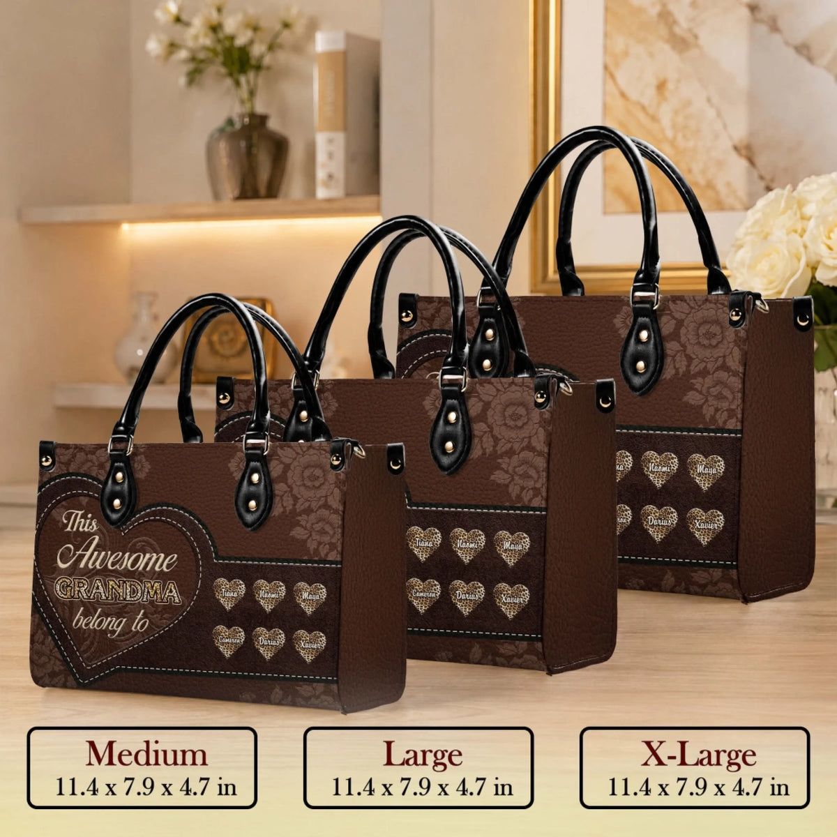 Collection of personalized grandma handbags in multiple sizes, featuring custom name hearts and floral leather.