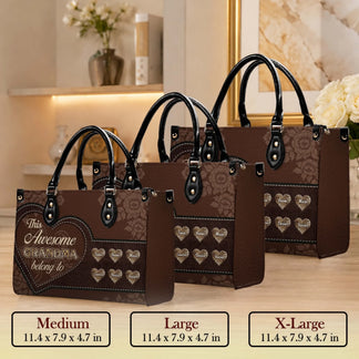 Collection of personalized grandma handbags in multiple sizes, featuring custom name hearts and floral leather.