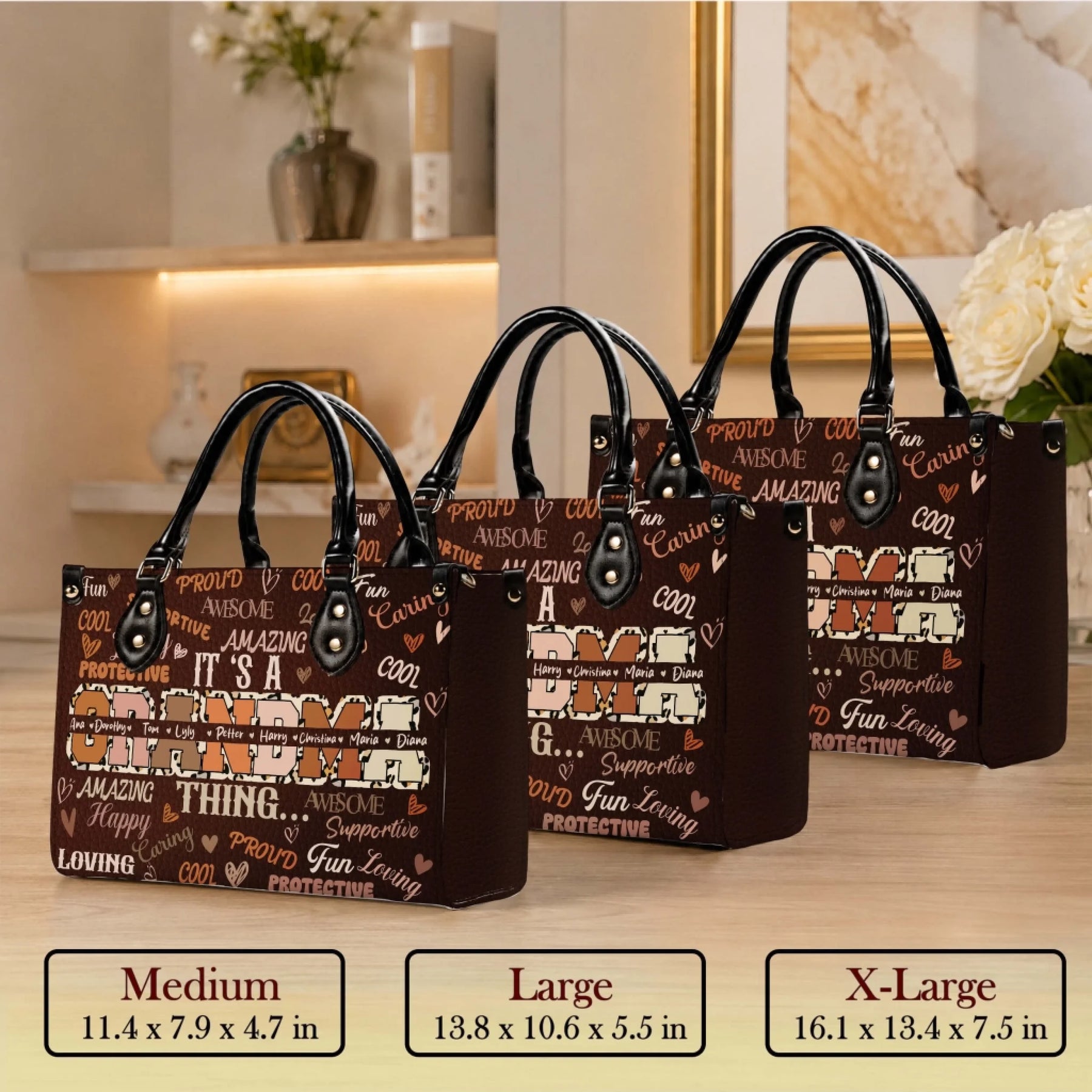 Comparison of medium, large, and extra-large personalized Grandma leopard print tote bags for gift shoppers.