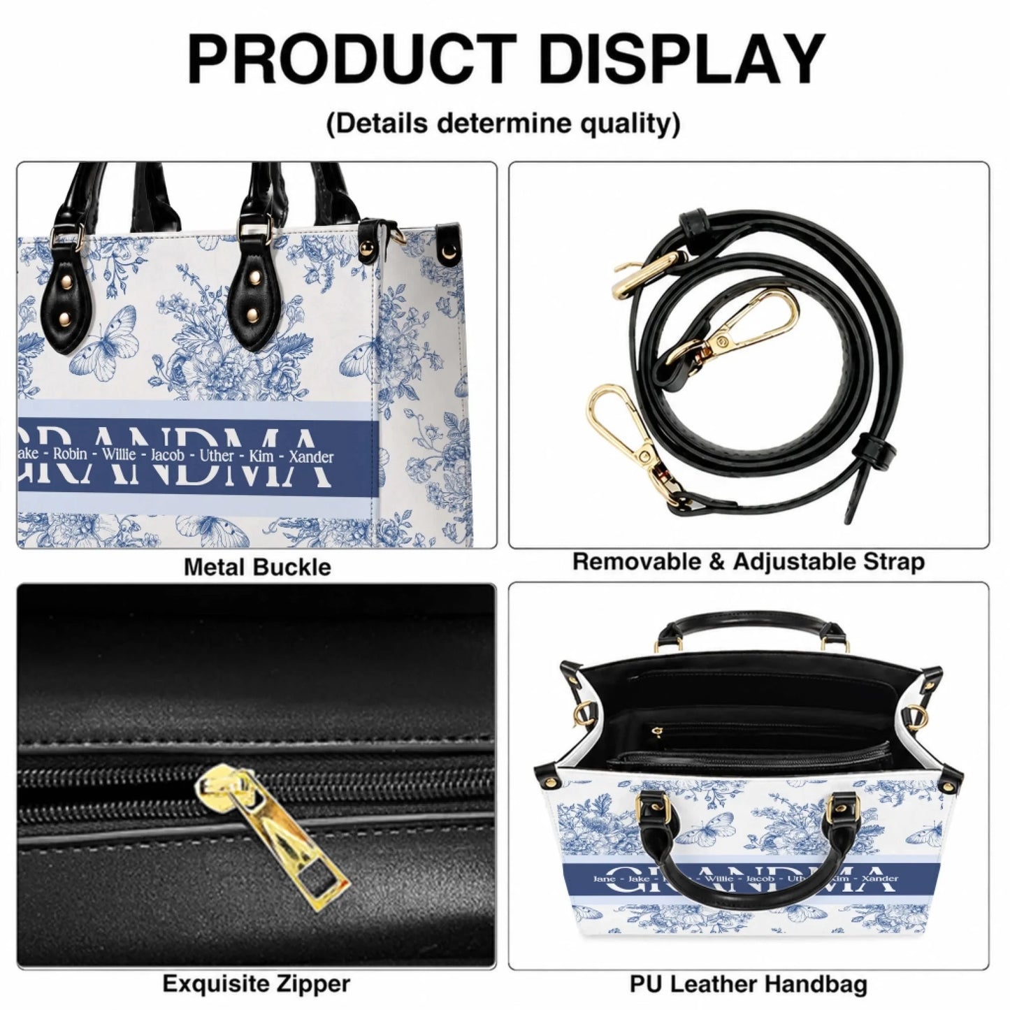 Personalized grandma handbag with custom names printed on a white and blue floral PU leather tote bag with strap.