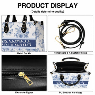 Personalized grandma handbag with custom names printed on a white and blue floral PU leather tote bag with strap.