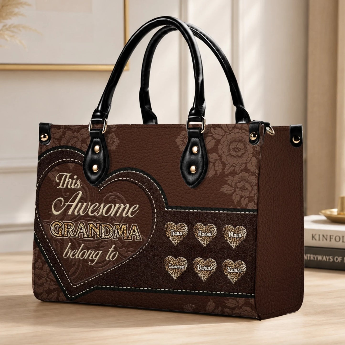 Personalized leather handbag for grandma featuring a heart design with custom names, perfect for Mother's Day gifts.