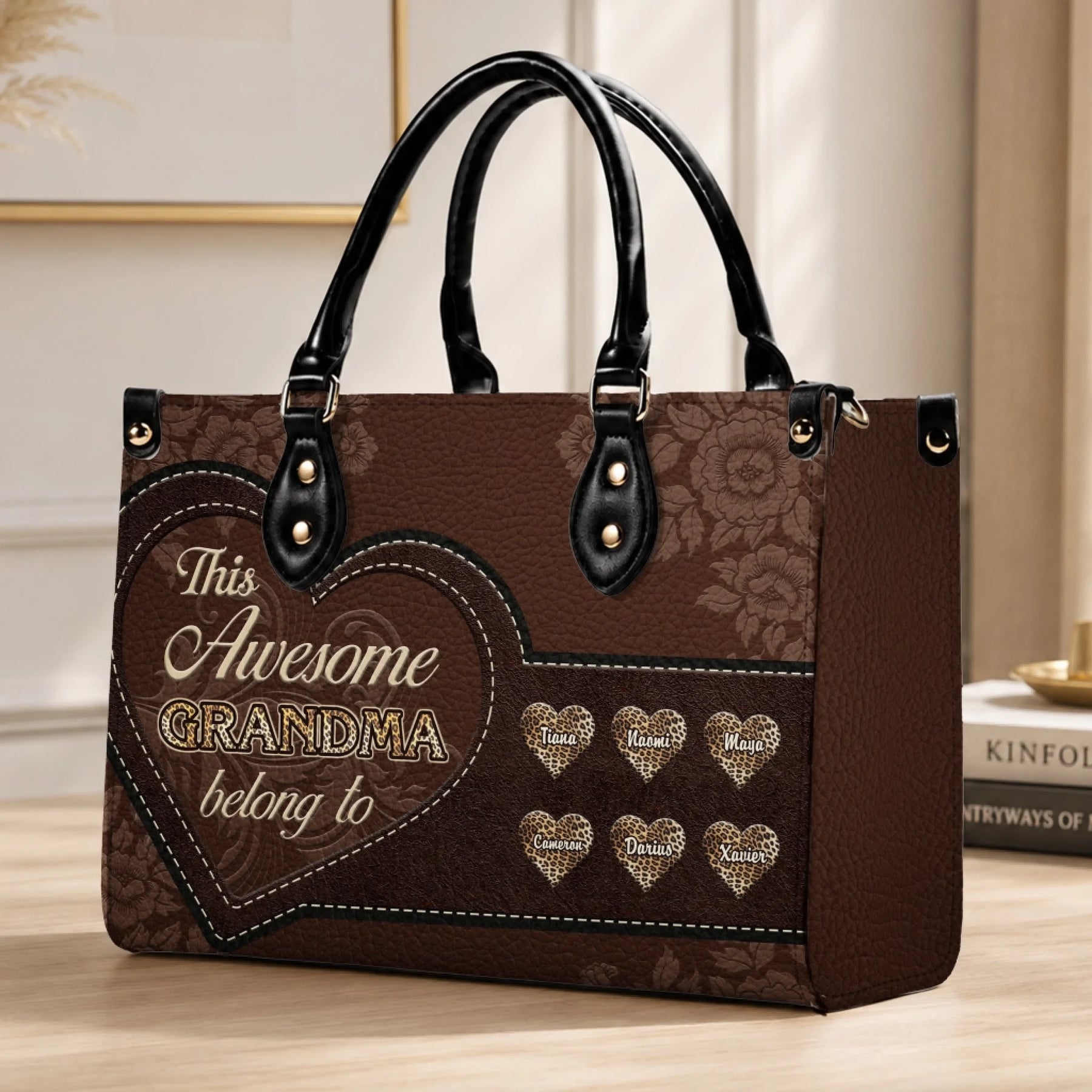 Personalized leather handbag for grandma featuring a heart design with custom names, perfect for Mother's Day gifts.