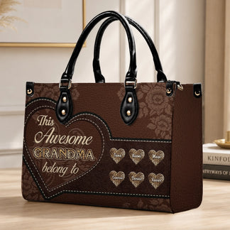 Personalized leather handbag for grandma featuring a heart design with custom names, perfect for Mother's Day gifts.