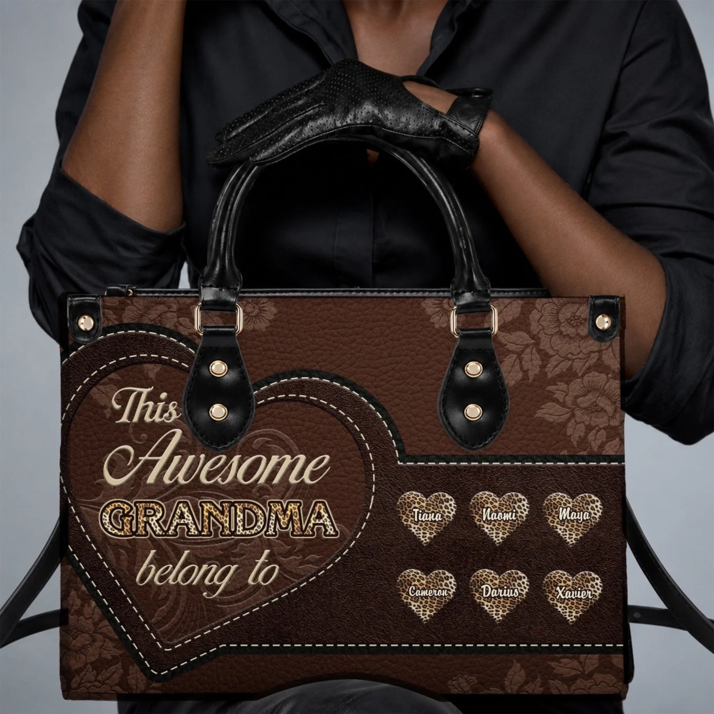Custom brown leopard print handbag for grandma featuring six personalized names in heart icons for a unique family gift.