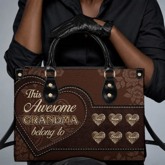 Custom brown leopard print handbag for grandma featuring six personalized names in heart icons for a unique family gift.