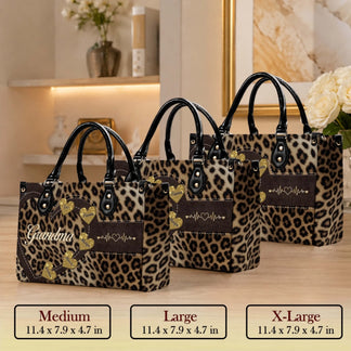 Group of personalized leopard print grandma handbags in medium large and extra large sizes with custom name hearts.