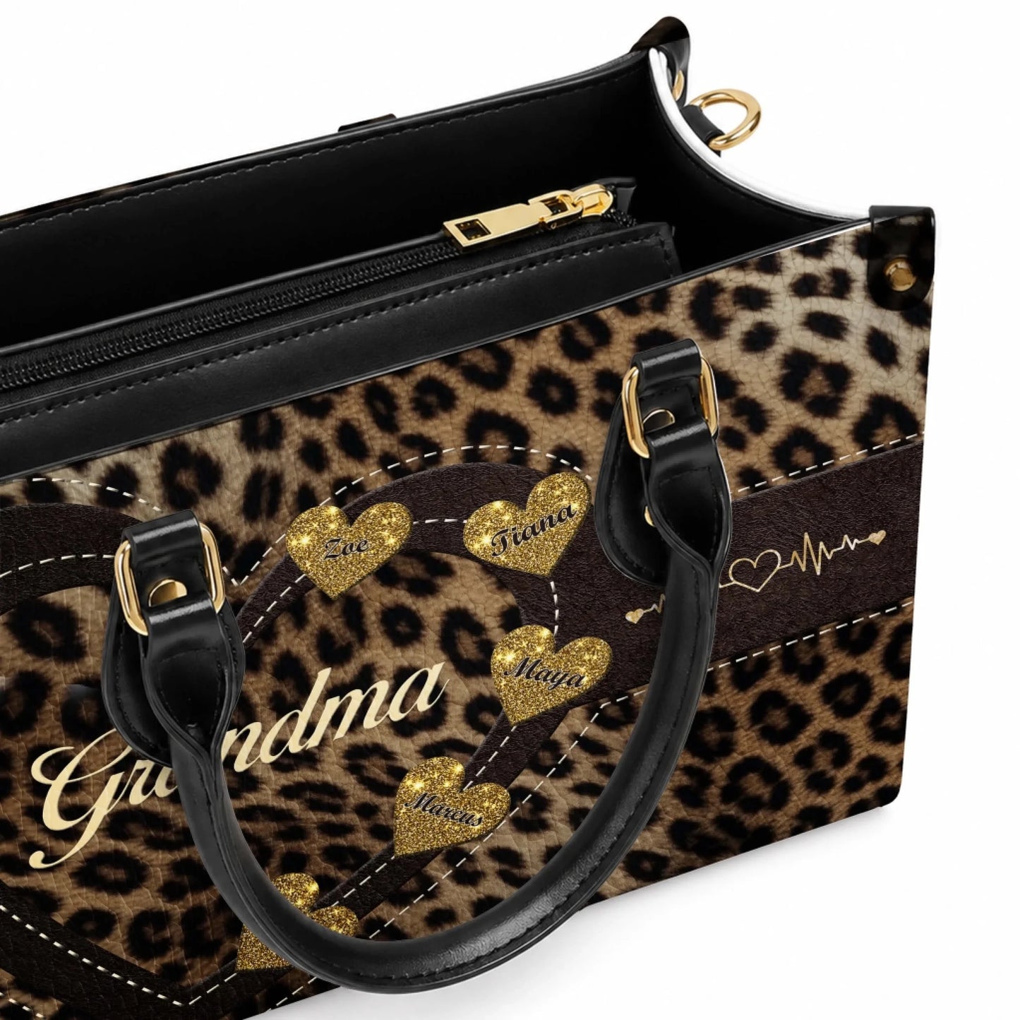 Personalized leopard print handbag for grandma featuring custom names on gold hearts and a heart heartbeat design.