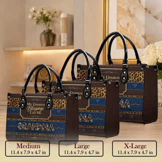 Personalized leopard print grandma tote bag featuring My Greatest Blessings Call Me text, perfect for Mother's Day gifts.