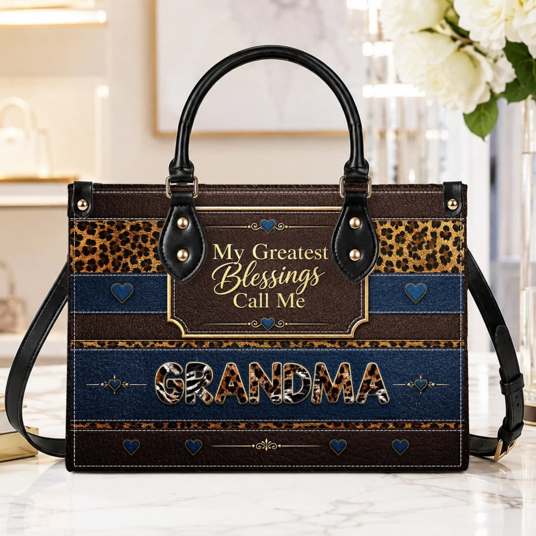 Personalized leopard print tote bag featuring the quote My Greatest Blessings Call Me Grandma with blue heart accents.