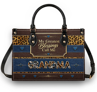 A stylish tote bag featuring a leopard print and denim design with the quote My Greatest Blessings Call Me Grandma.