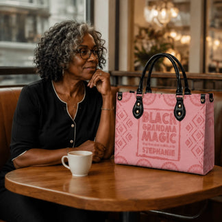 Personalized Black Grandma Magic Stephanie tote bag sitting on a cafe table next to a coffee cup