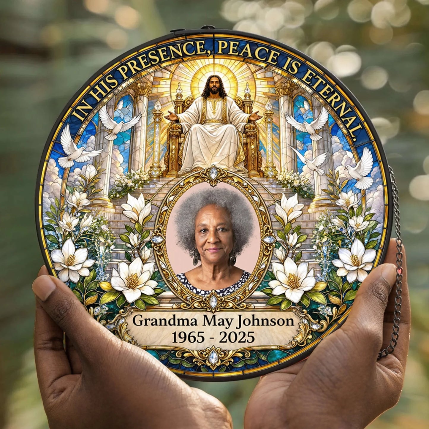 Personalized memorial suncatcher showing a photo of Grandma May Johnson with religious artwork for a sympathy gift.