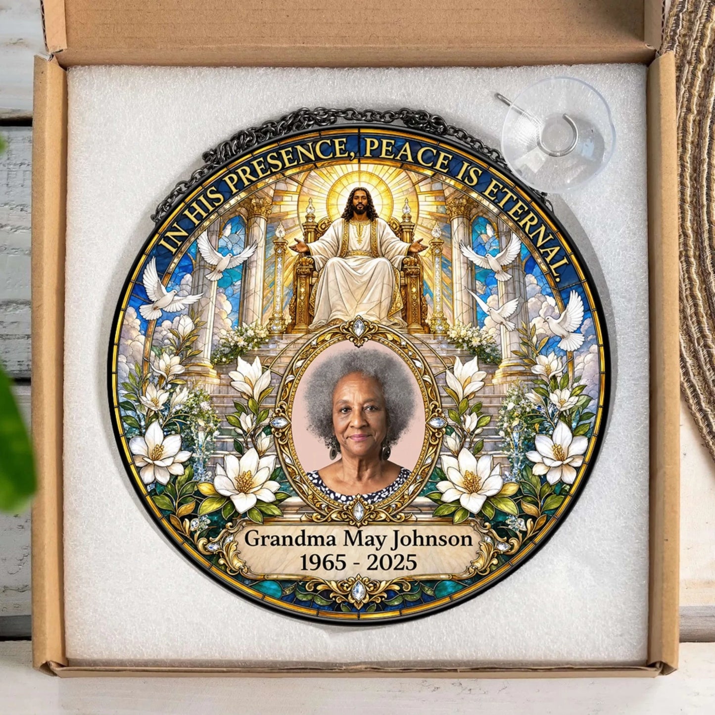 Custom Grandma May Johnson memorial suncatcher in protective box with religious art and doves for sympathy gift ideas.