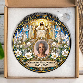 Custom Grandma May Johnson memorial suncatcher in protective box with religious art and doves for sympathy gift ideas.