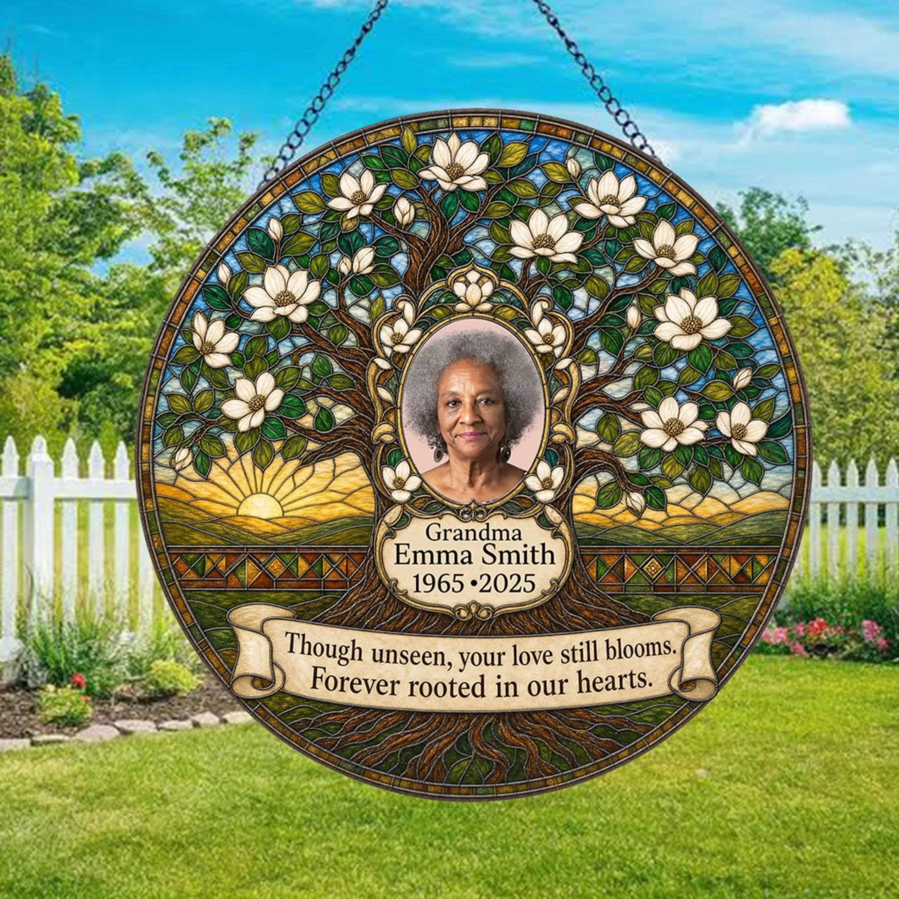 Customized memorial suncatcher with a blooming tree design personalized with a portrait photo and a sentimental sympathy quote.