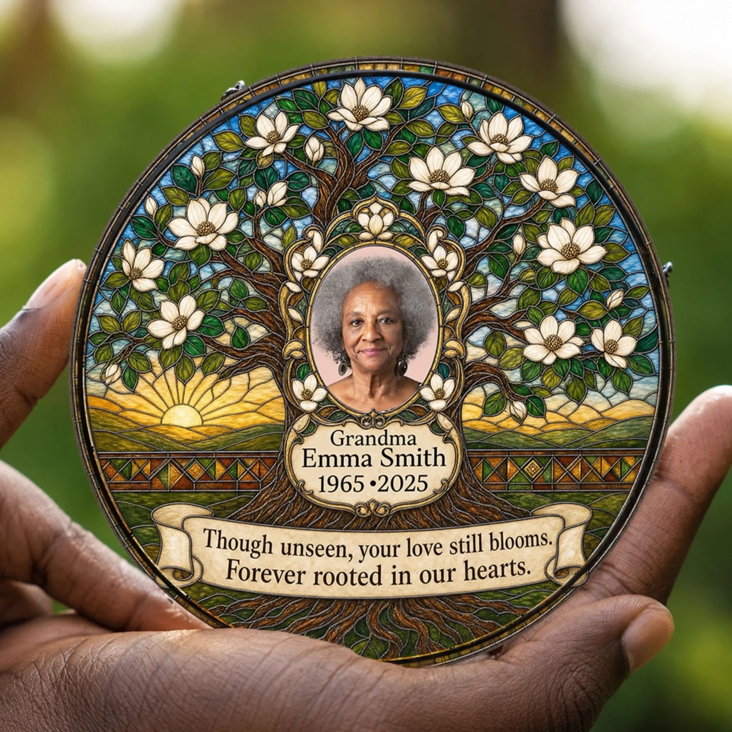 Decorative acrylic suncatcher memorial featuring a custom photo of grandma with a blooming tree graphic and remembrance quote.