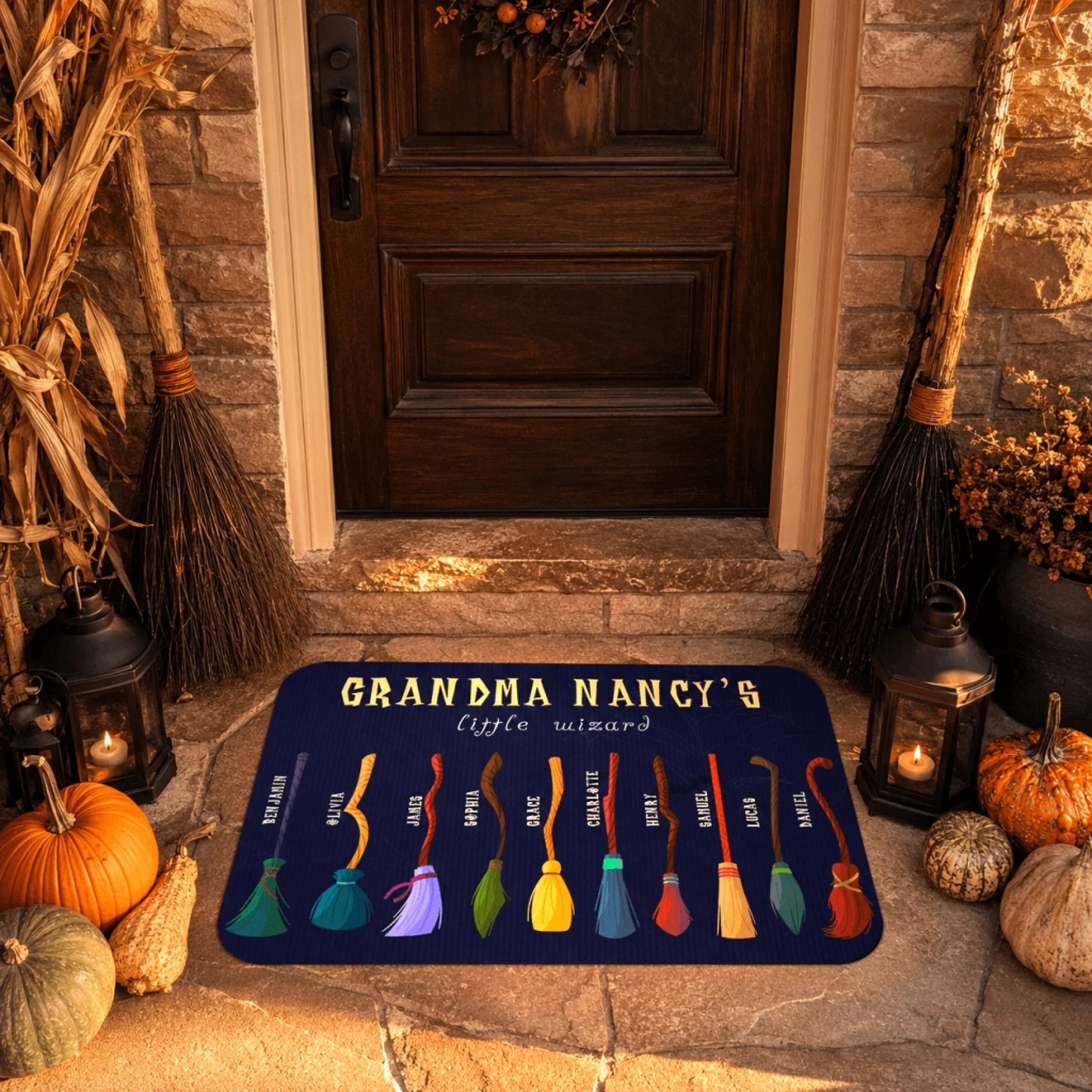Custom Grandma Nancys little wizard doormat with illustrated broomsticks and names, perfect for festive Halloween porch and entryway decoration.