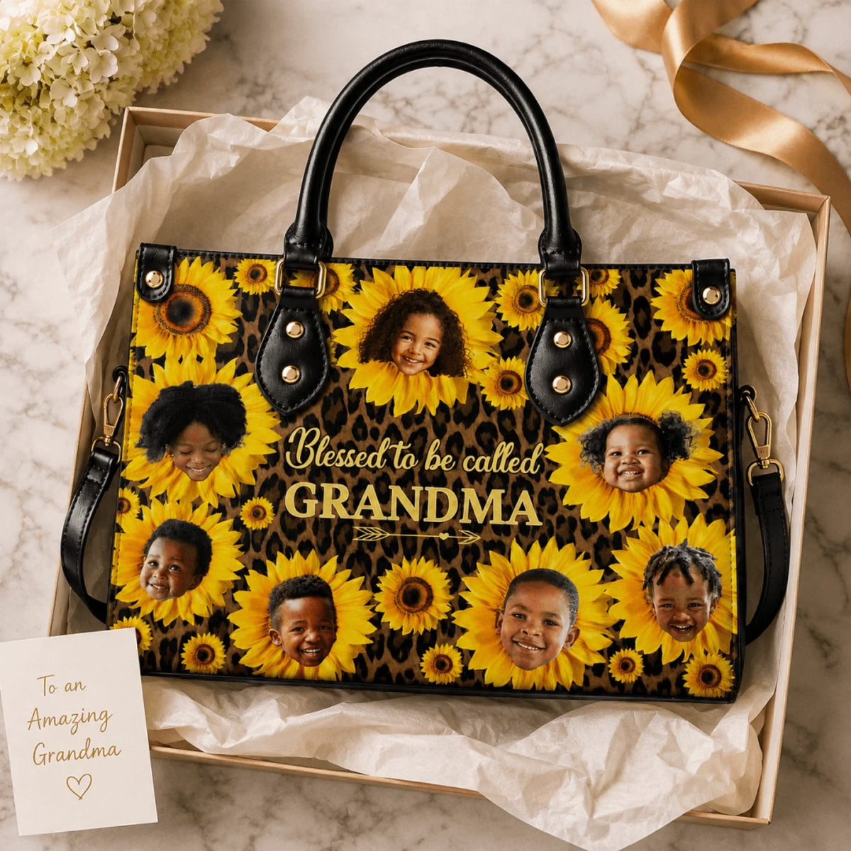 Custom sunflower tote bag for grandma with photo personalization, presented in an elegant gift box with card.
